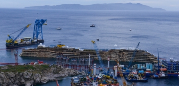 The uprighted Costa Concordia wreck awaits refloating and being moved to the port of Genoa. (The Parbuckling Project photo)