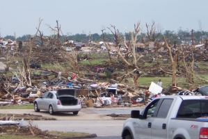 The modular Mercy Hospital Joplin reopened in April 2012 as construction continued nearby on the conventionally constructed, permanent hospital of the same name. The hospital posted this photo showing how thousands of trees were damaged by the May 2011 tornado; more than 470 saplings were transplanted to the construction site of the new Mercy Hospital Joplin.