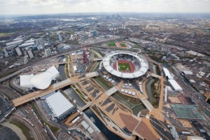This aerial view of the Olympic Park looking southwest toward London was taken April 16, 2012, and is posted on the London 2012 website.