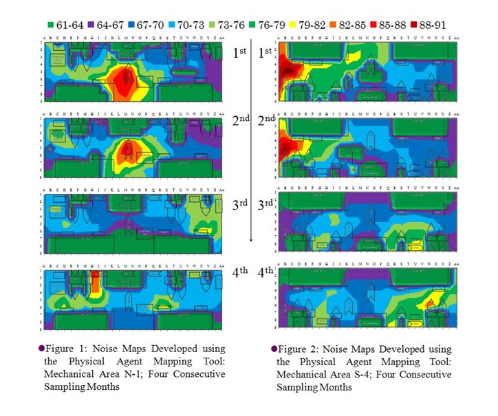 A visual assessment of the monthly noise maps for each area indicated variation in sound levels over this four-month period. Examples of these maps are shown in Figures 1 and 2, which display the temporal change in noise levels over the four-month sampling endeavor. (Dow Chemical graphic)