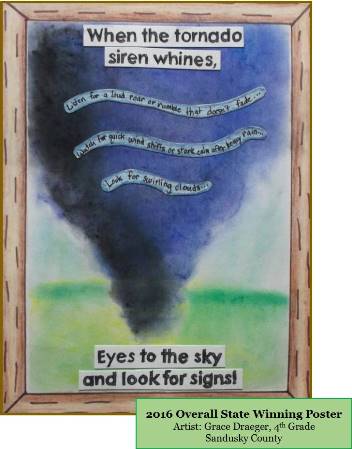 Grace Draeger's poster on tornado safety is a watercolor illustration of a tornado with the message, 