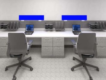 Rendering of a brightly lit nurses’ station fitted with blue luminous panels, which during the day shift would provide workers with extra circadian light stimulus to enhance alertness during the day and sleep at night, and perhaps improve certain types of daytime performance during their shifts. (Rensselaer Polytechnic Institute photo)