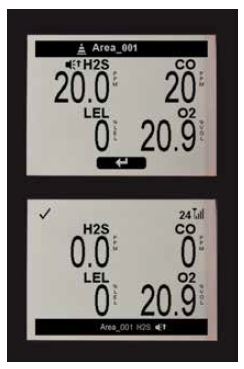 These images show readings for two area monitors. The top monitor, within the confined space, is in alarm because of high H2S levels. The bottom monitor, which is near the attendant, shows a peer alarm indicating there is high H2S in Area_001. (Industrial Scientific Corporation photo)