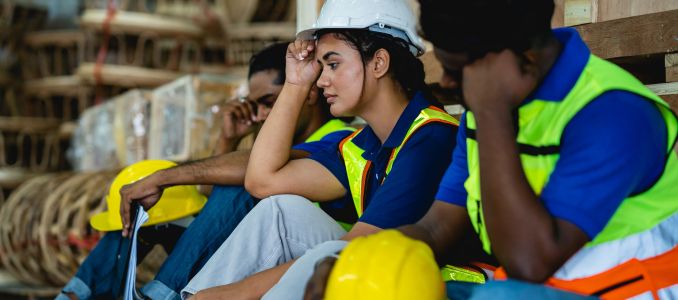 Tired workers sitting on the ground