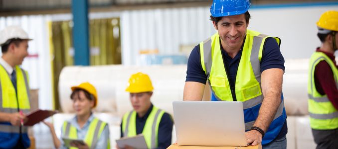 Construction workers having a webinar