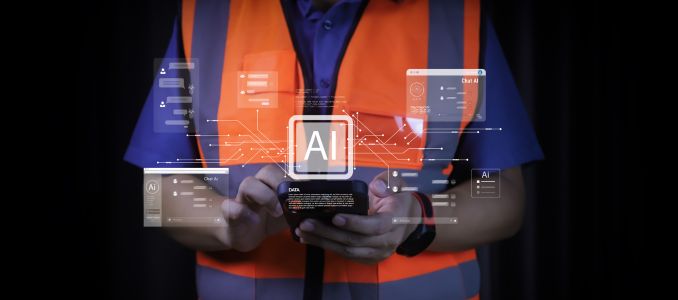 Industrial worker using AI chatbot on smartphone