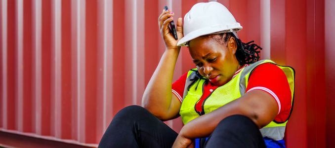 Stressed construction worker sitting near container