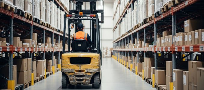Worker driving forklift in warehouse