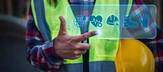 Construction worker pointing at graphic overlay of EHS logos
