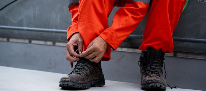 Male worker putting on work boots