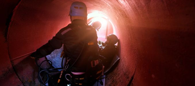 Worker entering tunnel to rescue injured team member