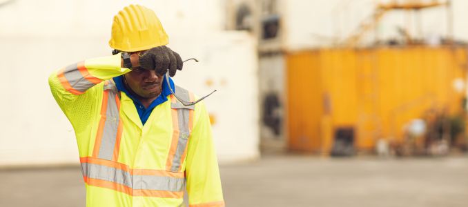 Tired stress exhausted worker sweat in hot day in summer