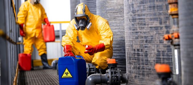 Trained factory workers carefully handling toxic and dangerous biohazardous waste