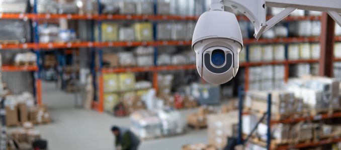 closed circuit camera Multi-angle CCTV system against the background of a modern warehouse complex