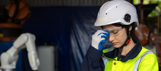 Tired female engineer in safety gear standing near robotic arm in factory