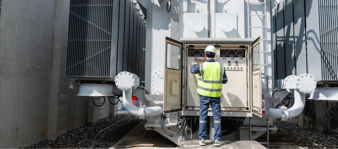 Professional engineer inspecting control panel 