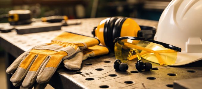 Essential personal protective equipment laid out on a workshop table for safety
