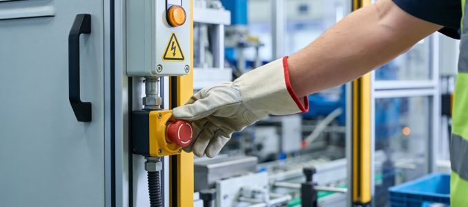 Worker in protective gloves presses emergency stop button on industrial machinery