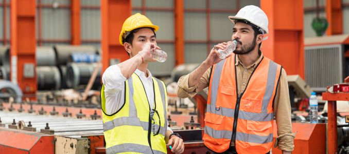 Technicians and supervisors are drinking water to cool off from the heat of working in the factory during the summer