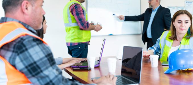 Workers in high-visibility safety vests attend a workplace safety training meeting around a conference table with laptops and a hard hat, while a presenter writes on a whiteboard.