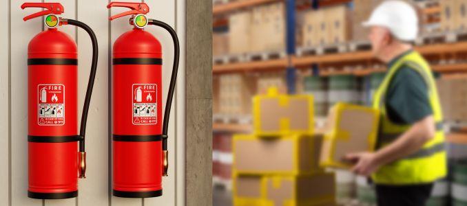 Warehouse fire safety, fire extinguishers are installed near storage shelves while a worker handles cardboard boxes in a logistics facility