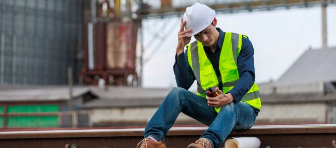 Engineer experiencing stress and burnout at industrial railway site