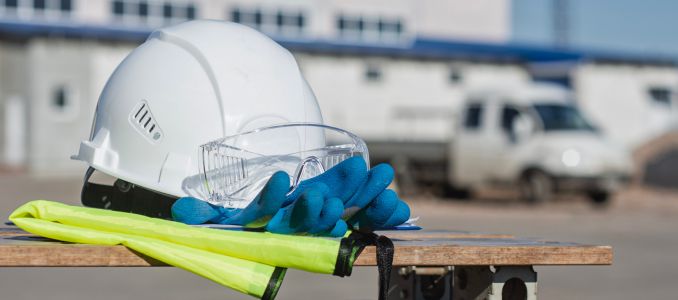 Personal protective equipment PPE including a white helmet, transparent safety glasses, blue work gloves and a high-visibility yellow vest