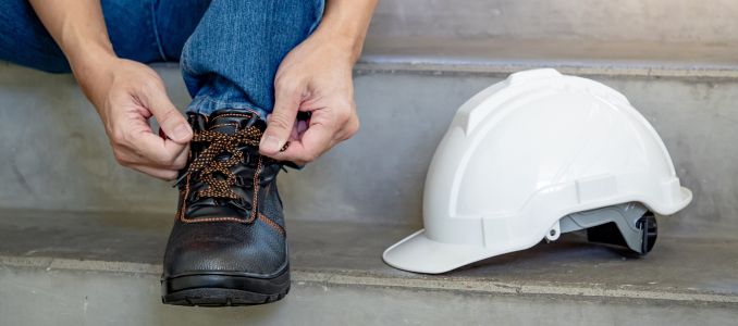 Male worker hands tying shoelaces on leather safety shoes with white protective helmet or hard hat on concrete stair in construction site