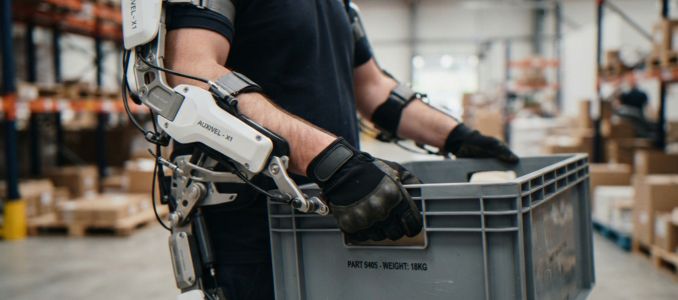 A warehouse worker wearing an advanced robotic exoskeleton suit while carrying a plastic crate in an industrial facility.