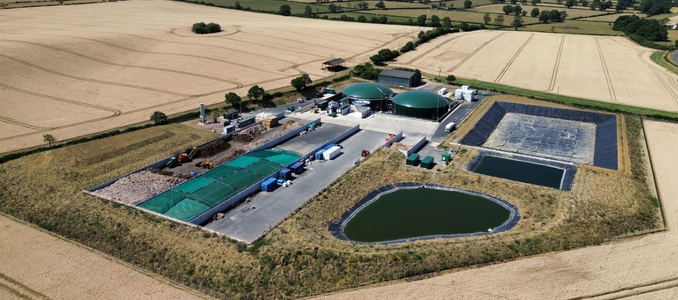 Aerial view of the Bioenergy Vida biomethane plant surrounded by farmland.