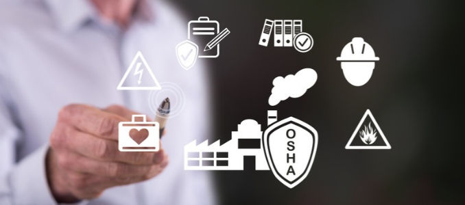 A person holding a pen pointed toward digital icons representing OSHA safety compliance, workplace hazards, first aid, and industrial standards.