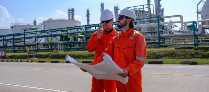 Two refinery workers in orange coveralls and white hard hats review plans.