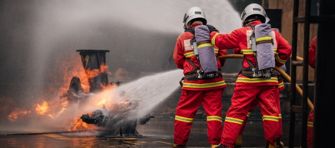 Two firefighters in red turnout gear, helmets, and SCBA respirators using a high-pressure hose to extinguish a large fire on industrial equipment.