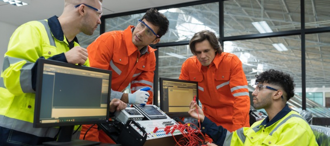 Four technicians in safety gear participate in a hands-on training session around a workbench with computer monitors and electronic testing equipment.