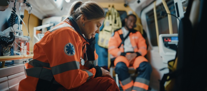 **Alt text:**  A female paramedic in a high-visibility orange uniform sits inside the back of an ambulance, looking down with a somber expression. In the blurred background, another paramedic rests seated in the vehicle.