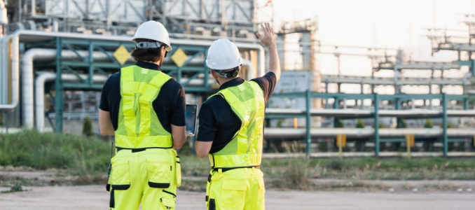 **Alt text:**  Two refinery workers in hard hats and high-vis gear look at a plant facility. One holds a tablet, and the other waves towards the complex.