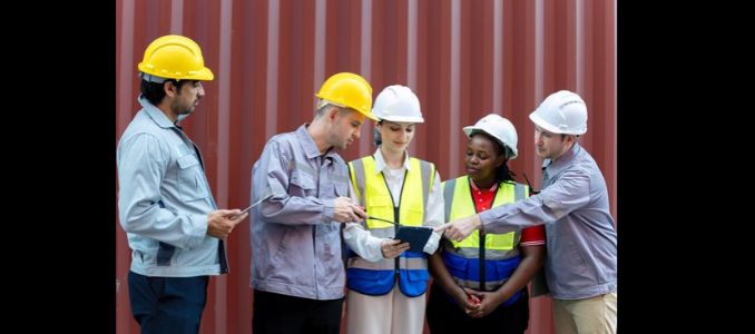 Workers reviewing a safety guide.