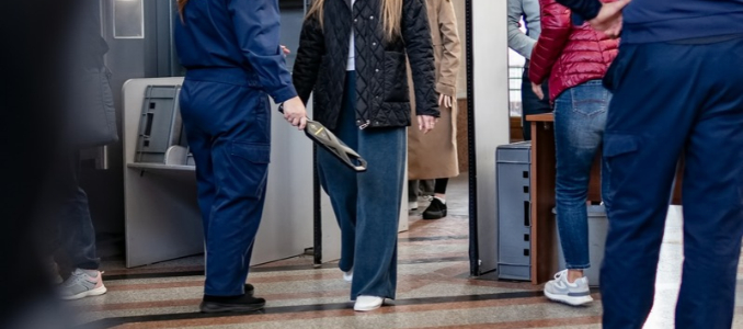 A security guard in a blue uniform uses a handheld metal detector wand to screen visitors entering a hospital checkpoint.