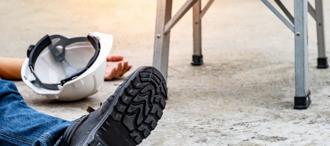 A worker lying on the ground next to a ladder with a white hard hat and work boot in view.