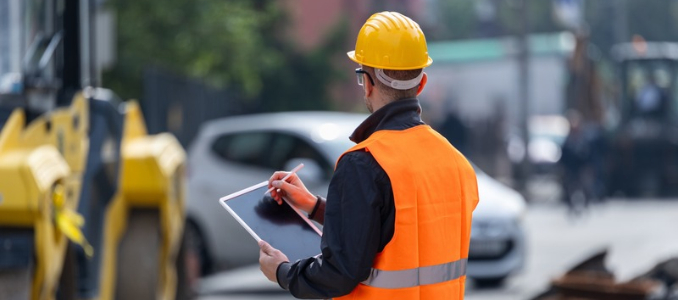 A construction worker wearing a yellow hard hat and orange safety vest using a digital tablet at a road construction site.