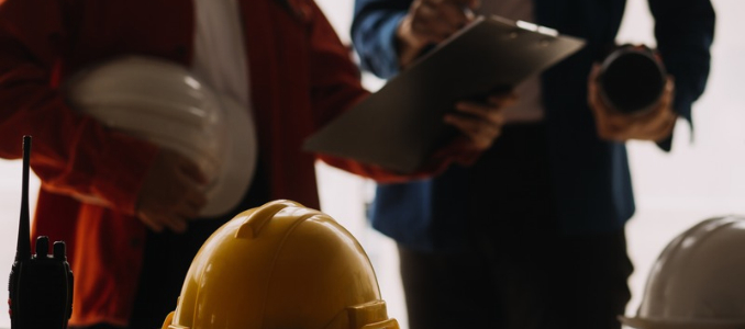 Two construction professionals standing in silhouette with a hard hat and clipboard in the foreground.