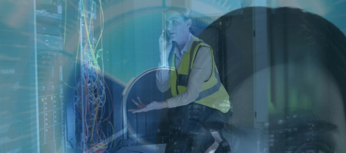 A female technician in a high-visibility vest talking on the phone while inspecting server racks in a data center, with a digital double-exposure overlay.