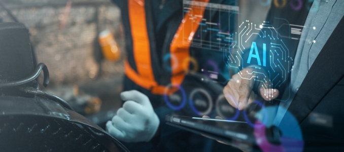 An executive using a digital tablet displaying artificial intelligence graphics next to an industrial worker.