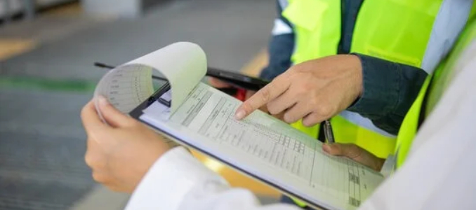 Close-up view of workers wearing high-visibility vests pointing to and reviewing a printed safety data sheet on a clipboard.