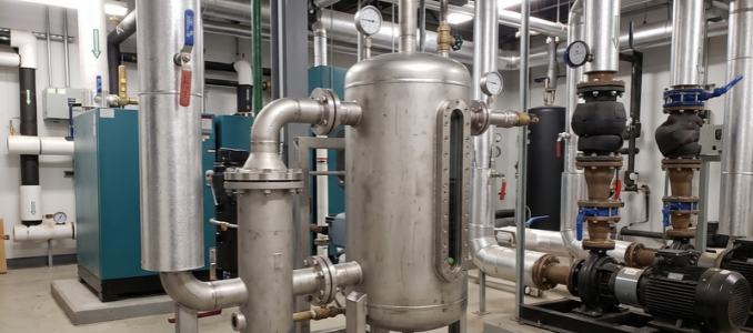 A stainless steel pressure vessel with gauges and piping in an industrial mechanical room.