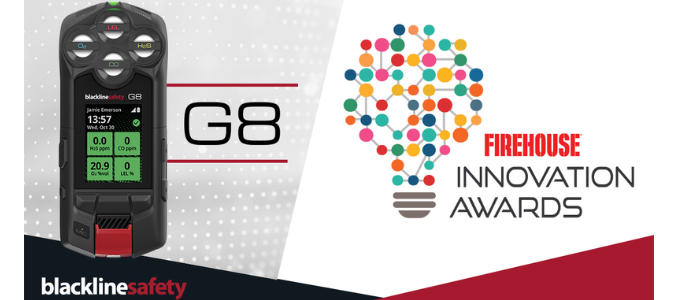  Blackline Safety G8 gas monitor displayed alongside the Firehouse Innovation Awards logo.