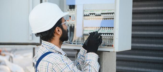 Worker wearing a hard hat and gloves inspects an electrical control panel.