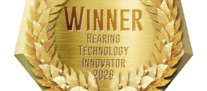 Gold award badge reading “Winner Hearing Technology Innovator 2026,” surrounded by a laurel wreath.