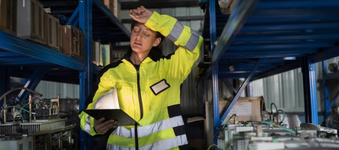 Worker in a high-visibility jacket wipes her forehead while holding a clipboard in an industrial facility.