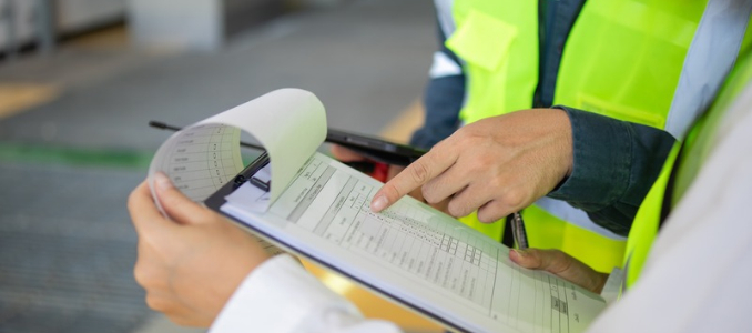 Inspection sheet being reviewed by two workers wearing safety vests.